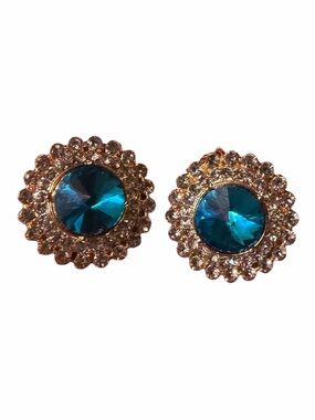 Gold-Tone Blue Crystal Floral Clip On Earrings